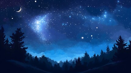 Fototapeta premium Night Sky Above Silhouetted Pine Trees In A Forest