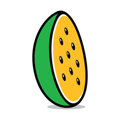 Cartoon illustration of yellow watermelon half and sliced isolated on white background. 
