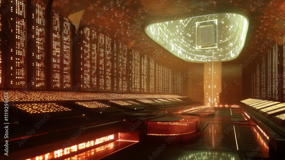 Poster vector cartoon interior of future data center room with server hardware and hologram of processor. c
