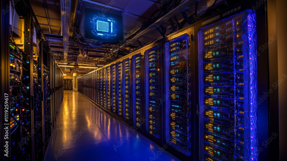 Poster vector cartoon interior of future data center room with server hardware and hologram of processor. c