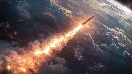 Missile Launch: A fiery streak of light pierces the night sky as a powerful missile bursts from its launchpad, leaving a dramatic trail of smoke and fire. Captured from a breathtaking perspective.