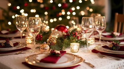 Family Sharing Heartfelt Greetings at a Cozy Christmas Dinner Table in Warm Tones