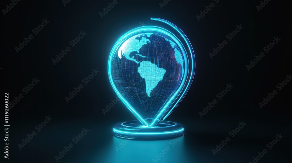 Poster a glowing 3d globe within a location pin, symbolizing navigation and global connectivity.