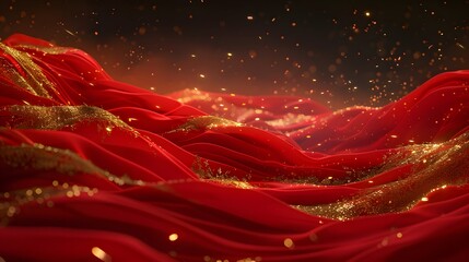 Red fabric with gold sparkles, abstract background.