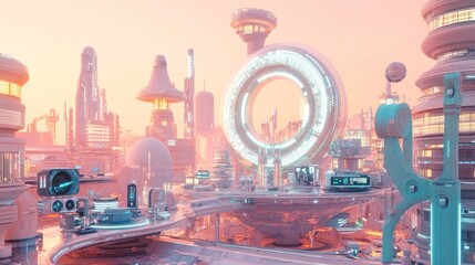 Futuristic city at sunset, showcasing advanced architecture and technology.