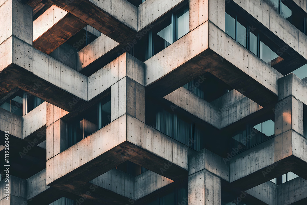 Poster abstract concrete building facade with intricate geometric design and shadows.