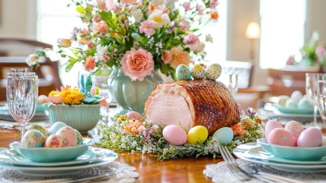 A spring-themed dinner table with pastel-colored decorations, Easter eggs, a glazed ham, and fresh flowers as the centerpiece