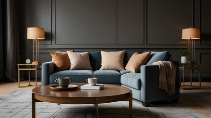 Comfortable sofa and coffee table with laptop in interior of living room.