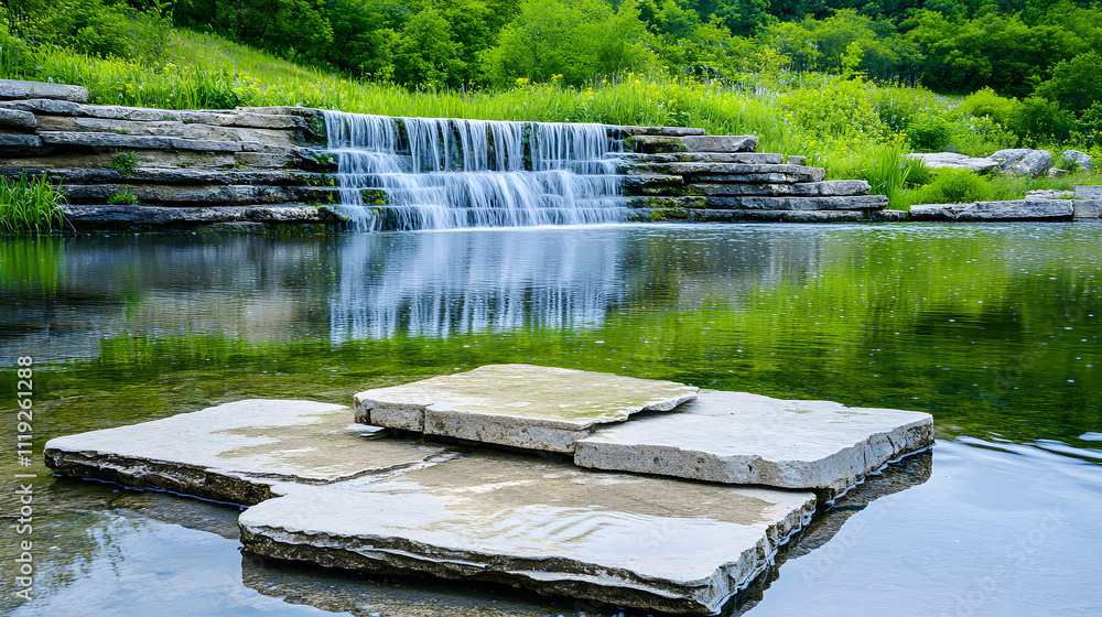 Poster a serene landscape featuring a cascading waterfall over rocks, surrounded by lush greenery and a cal