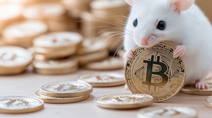 Hamster holding a gold coin with a bitcoin symbol surrounded by many other bitcoin coins. Mining, Bitcoin growth, cryptocurrency savings, crypto exchanges and crypto coaching courses