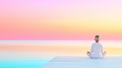 A woman sits in a lotus position on the pier and meditates, gaining energy and harmony with nature, in the background is a serene and colorful sky.