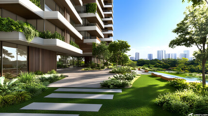 A modern residential building with lush greenery, pathways, and a scenic view of the city skyline under a clear blue sky
