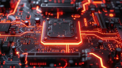 Obraz premium Close-up of a circuit board with glowing electronic components. It is a symbol of technology and innovation in computer science.