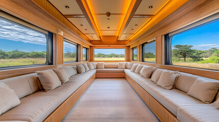 A luxurious train interior featuring spacious seating, warm lighting, and panoramic windows showcasing scenic views