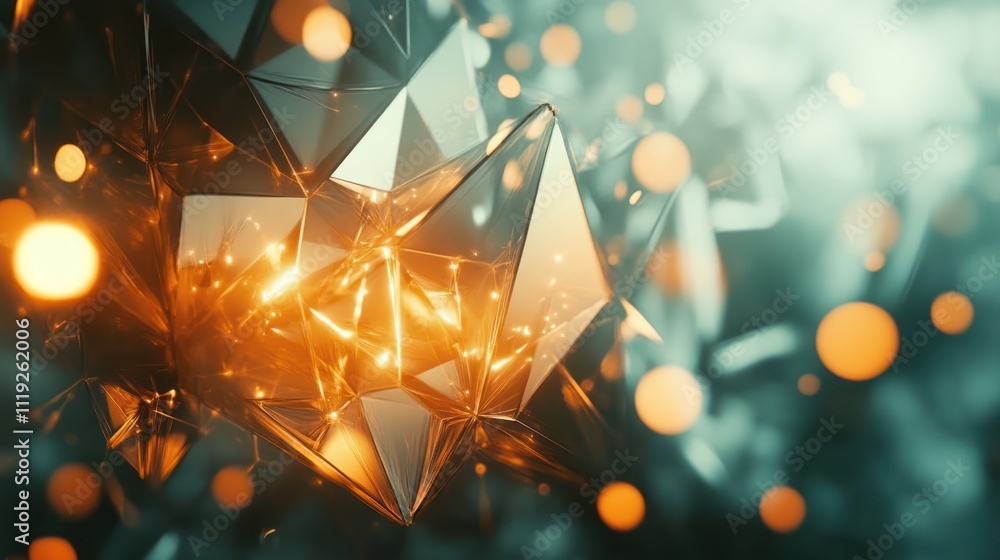 Poster abstract geometric shapes with glowing elements in a digital environment.