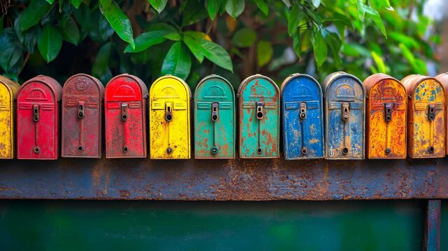 Colorful row of mailboxes adds charm to a garden space on a sunny afternoon