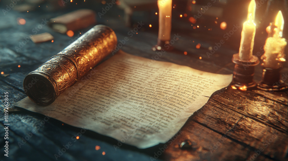 Poster old magic book and parchment scroll icon for medieval game ui. ancient wizard papyrus with spell. wi