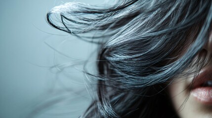 Naklejka premium Close-up of a woman's flowing dark hair partially covering her face, lips visible. Generative ai