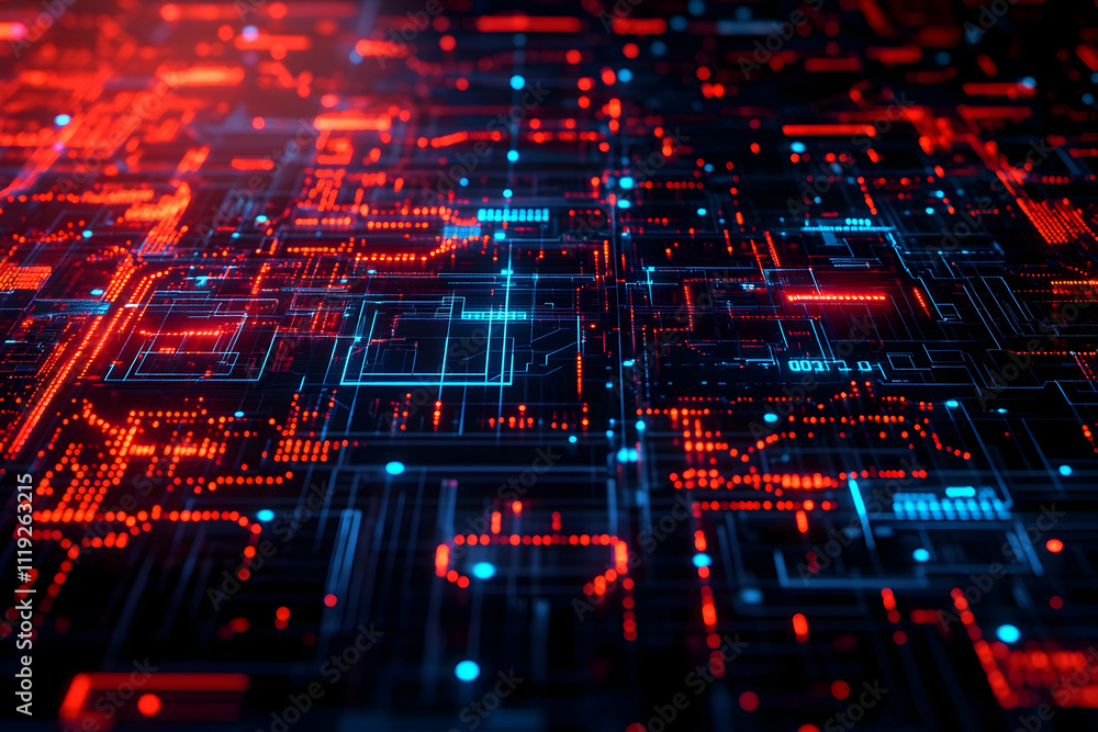 Poster abstract digital network data flow, glowing red and blue lines and nodes.