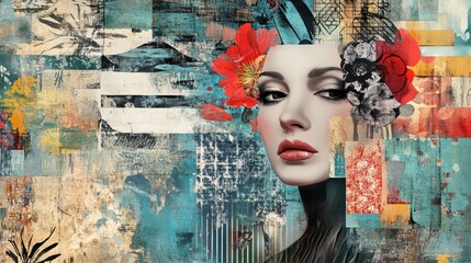 Abstract Collage Featuring a Woman's Face Adorned with Flowers