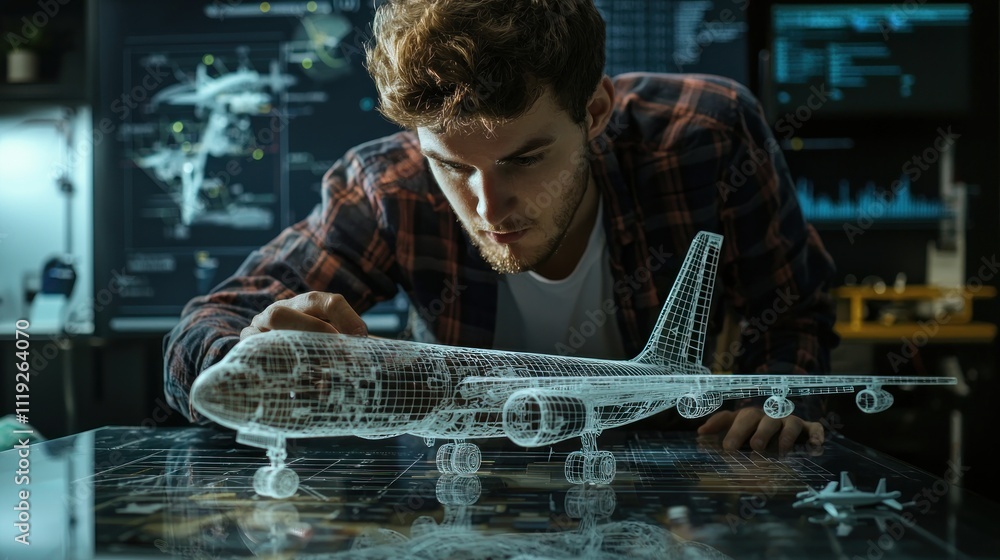 Poster an aerospace engineer analyzing a scale model of an aircraft, with technical charts in the backgroun