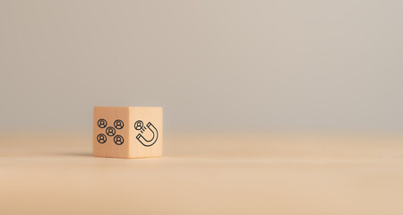 Inbound lead generation concept. Wooden blocks with leads icons. Building interest in a product or...