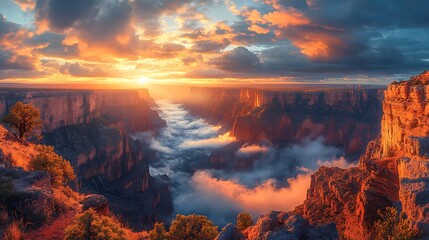 Fototapeta premium Vibrant sunset over a vast canyon, clouds filling the deep gorge.