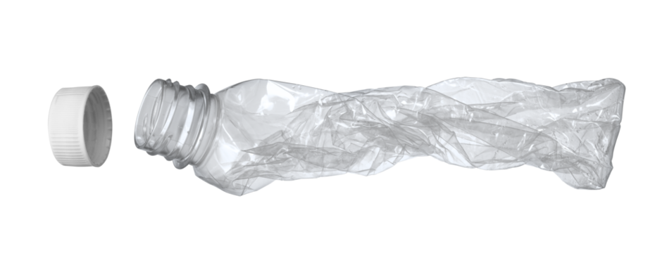 捻り潰されたペットボトルと分別されたキャップ。
ごみの分別、リサイクルのイメージ