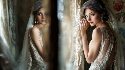 A bride in a vintage-inspired flapper-style wedding dress, roaring twenties themed wedding 