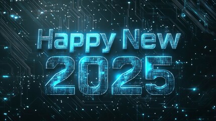Futuristic blue "Happy New Year 2025" on a smooth gray background, with digital-inspired patterns.
