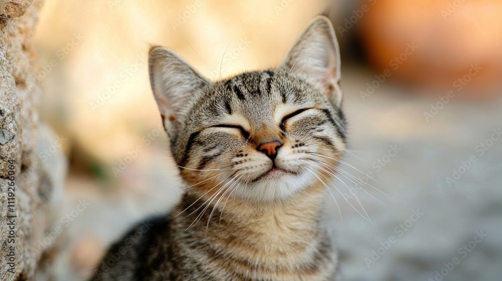 Poster cat with a playful or content expression, showing a smiling demeanor