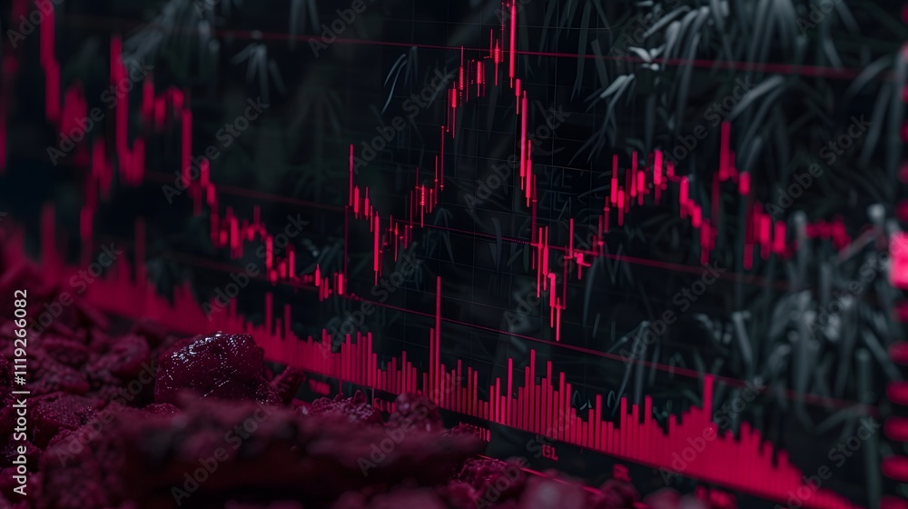 Poster red stock market graph displayed on screen with dark background.