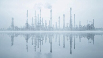 Foggy industrial complex reflected in calm water. Generative ai