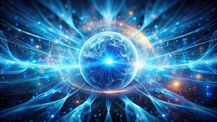 Obraz premium Abstract Round Blue Sphere with Glowing Rays of Energy and Magic Waves, Vibrant Particles and Dots, Captivating Macro Photography Background