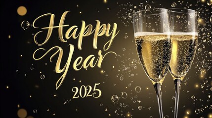 Praising New Year 2025 depicted in elegant cursive on a backdrop of champagne glasses clinking together, with bubbles rising, presenting a celebratory and elegant scene.