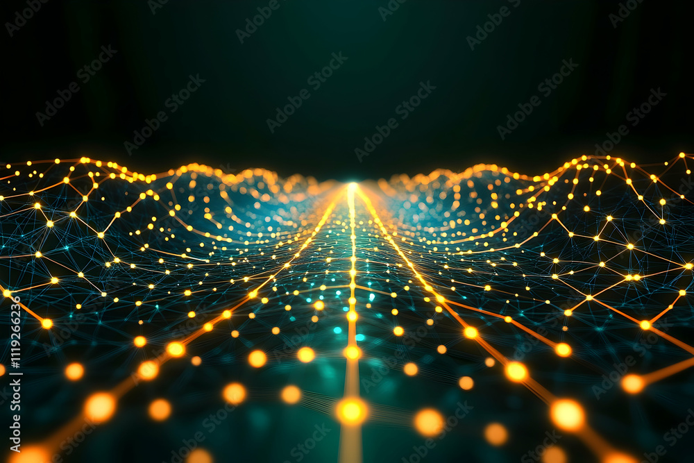 Poster abstract glowing network lines and nodes forming a path.