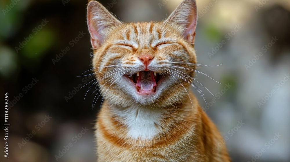 Poster cat with a playful or content expression, showing a smiling demeanor