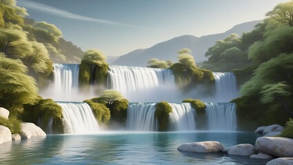 Fototapeta premium AI GENERATE, mountain river with cascading waterfalls, surrounded by soft green foliage.
