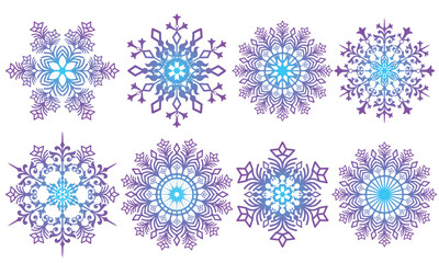 Vector collection christmas handwork violet-blue gradient vintage snowflakes isolated on transparent background