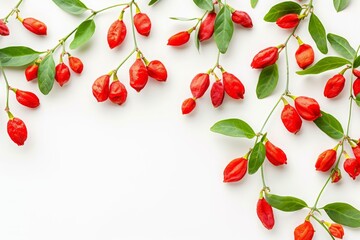 Red Goji Berries and Green Leaves on a White Background