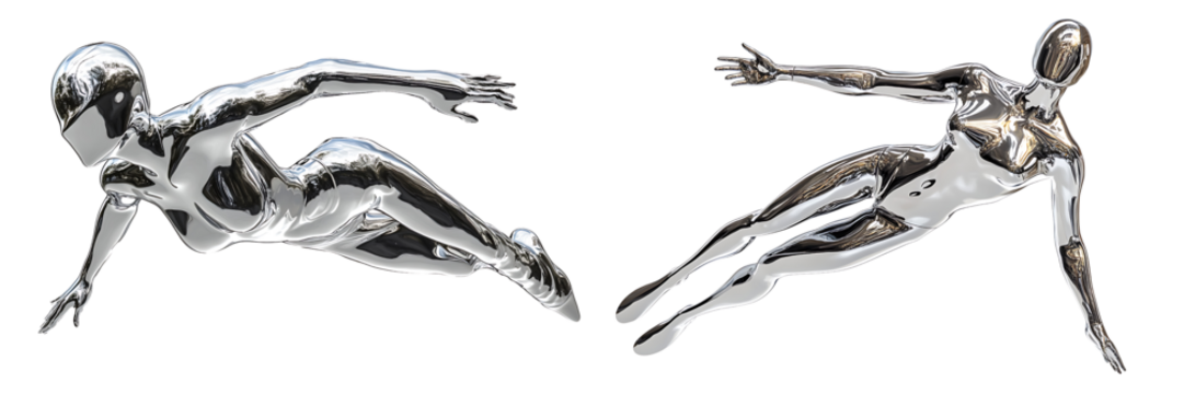 Set of a 3D rendering of a silver chrome woman flying, isolated on a transparent background. - Powered by Adobe