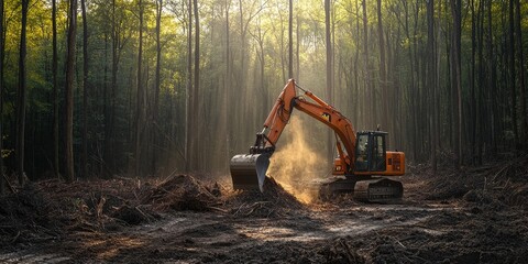 Freshly cut trees for a residential construction site, showcasing the backhoe clearing forest and emphasizing land clearing activities for new development projects. Freshly cut trees play a crucial