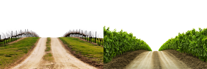 Set of a dirt road flanked by vineyard rows, isolated on a transparent background,