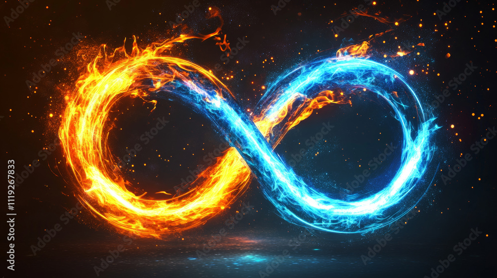 Poster abstract neon ring and infinity symbol from fire and ice energy. vector realistic illustration of ci