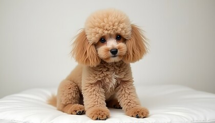 Adorable Toy Poodle Puppy Sitting on a White Cushion