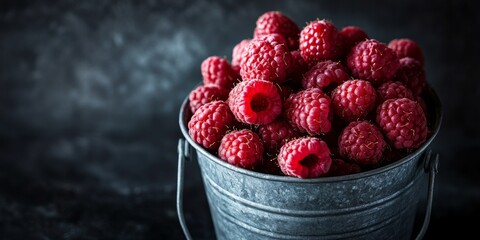 Close up of a bucket filled with beautiful, ripe raspberries against a dark background, showcasing...