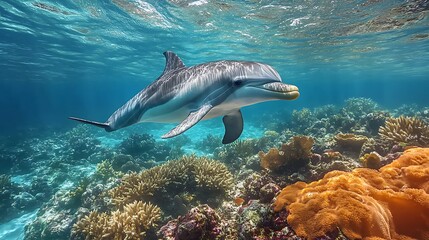 Fototapeta premium Dolphin swimming in vibrant coral reef.