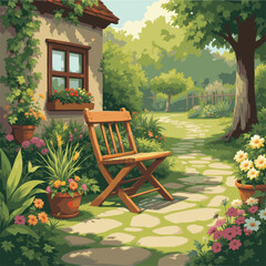 Obraz premium Wooden chair in a flower garden