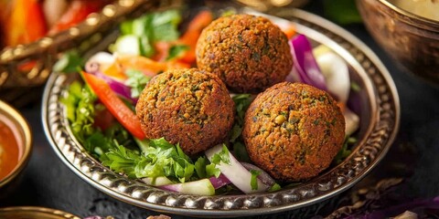 Close up of falafel served on a vintage tin plate, accompanied by a fresh vegetable salad, highlighting the deliciousness and texture of this beloved falafel dish.