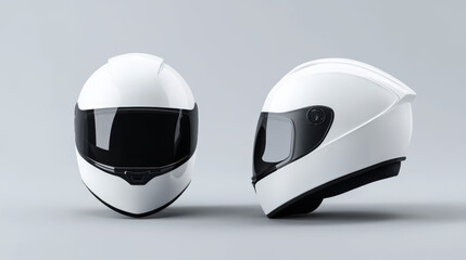 3d motorcycle helmet. White motor bike hat icon. Realistic scooter safety helm illustration. Racer gp plastic accessory with black belt mockup side and front view. Blank extreme pilot headwear mock up